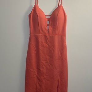 NWT Bebe Body Con coral spaghetti strap midi dress with crisscrossing on back